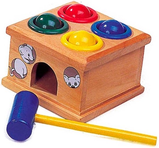 Klopbank: VANG DE MUIS 12x12x9cm, met 4 knikkers en 1 hamer, van goki — afbeelding 4