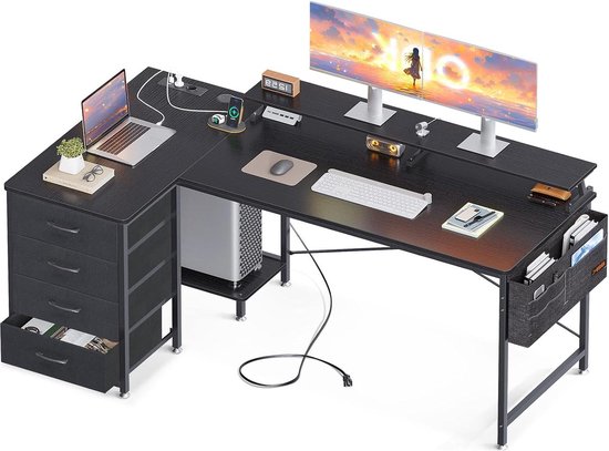Hoekbureau U-vormig met 4 laden - omkeerbaar bureau met stopcontacten en