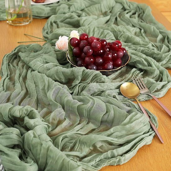2 Stuks Tafelloper Groen, 90 x 400 cm Mousseline Saliegroen, Kaasdoek Eucalyptusgroen, Lang Rustiek Boho-Gaas Tafelkleed, Tafelloper voor Bruiloftsdecoratie, Verjaardag, Tafeldecoratie (groen