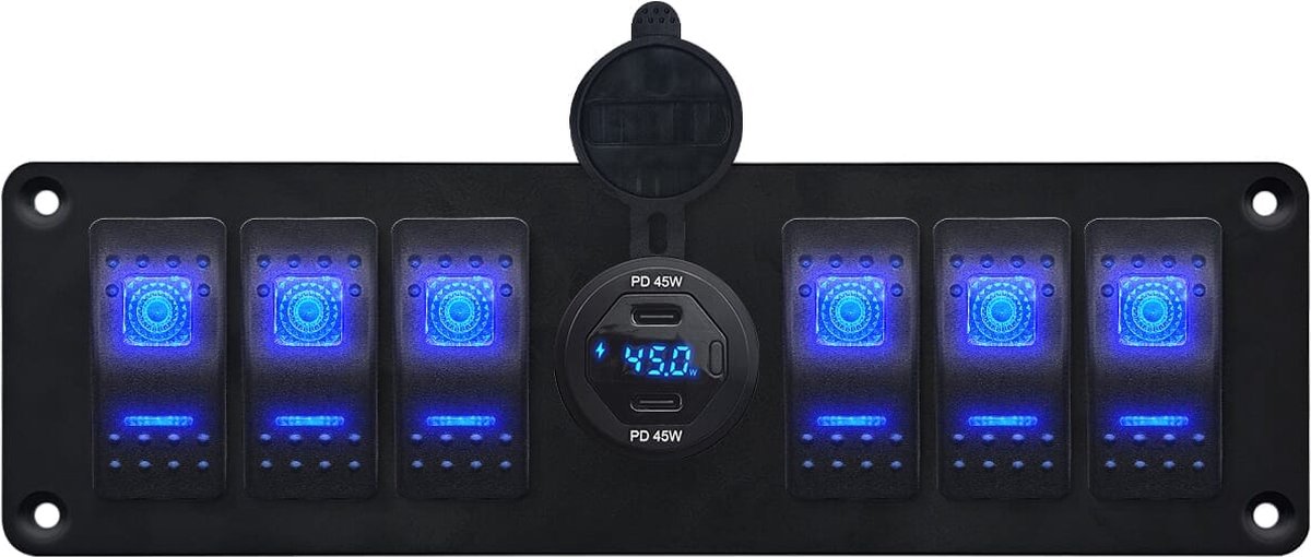 ProRide Schakelpaneel 12V voor Auto/Boot - USB C Autolader 2 Poorten met Schakelaar/Wattagemeter - 45W/QC3.0 - 6 schakelaars - Blauw