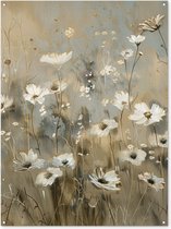 Tuinposter 120x160 cm - Tuindecoratie Bloemen - Wit - Natuur - Grijs - Modern - Poster voor in de tuin - Buiten decoratie - Schutting tuinschilderij - Tuindoek muurdecoratie - Wanddecoratie balkondoek