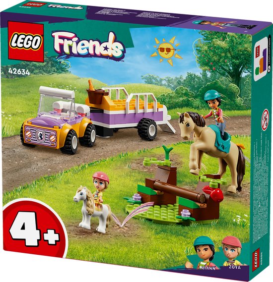 Set de remorque à chevaux LEGO Friends avec deux voitures, chevaux, poney, figurines, soleil et arbres.