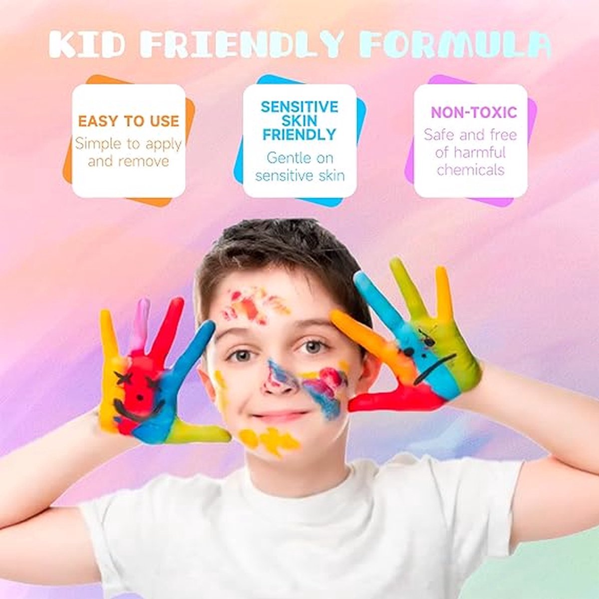 Schminkset Kinderen -Make up Kinderen - Grime Schmink palet - Kinderschmink Grimeren-20 kleuren & 3 penselen & 4 sjablonen & 2 haarkrijten & 3 glitters & 2 spons & 1 Rainbow Paint & 2 tattoostickers- veiligheidscertificering — afbeelding 4