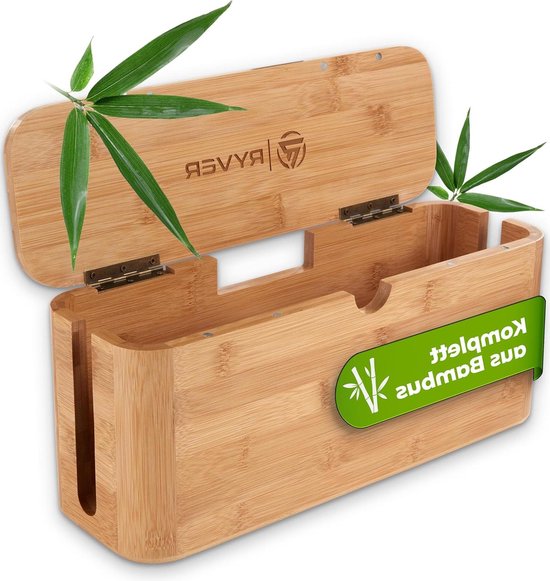 Relaxdays kabelbox kabeldoos bamboe, compact, HxBxD 14 x 25,5 x 14 cm, kabelmanagement, bureau multi-oplaadstation, natuur