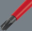 Close-up van de kop van een zespuntige Torx schroevendraaierbit in een rode schacht.