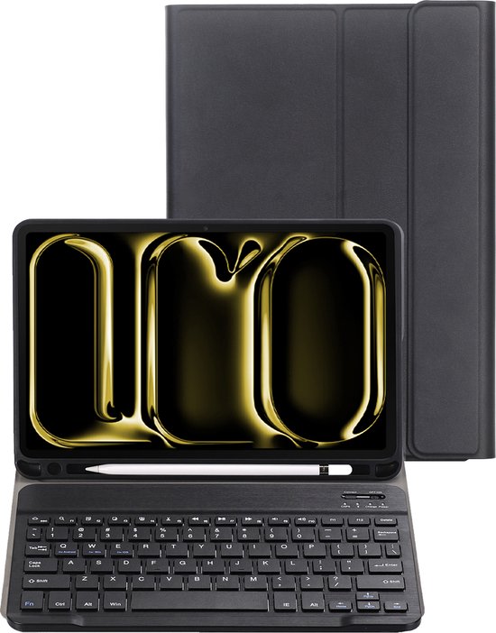 Zwarte tablethoes met daarachter een tablet met magnetisch toetsenbord.