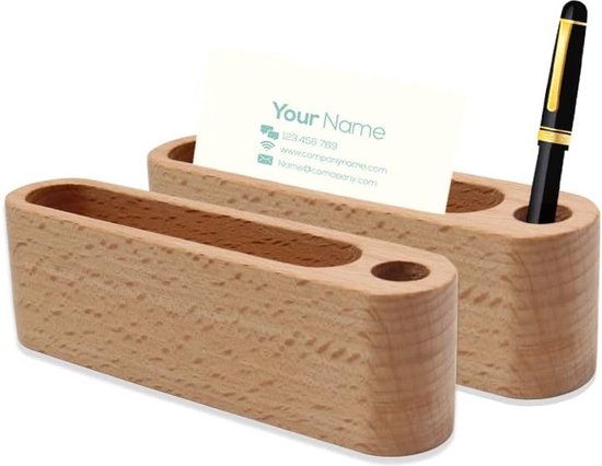 Porte-Cartes De Visite En Bois - Lot De 2 - Support Bureau Élégant (11x3x4cm) - Noyer Et Hêtre