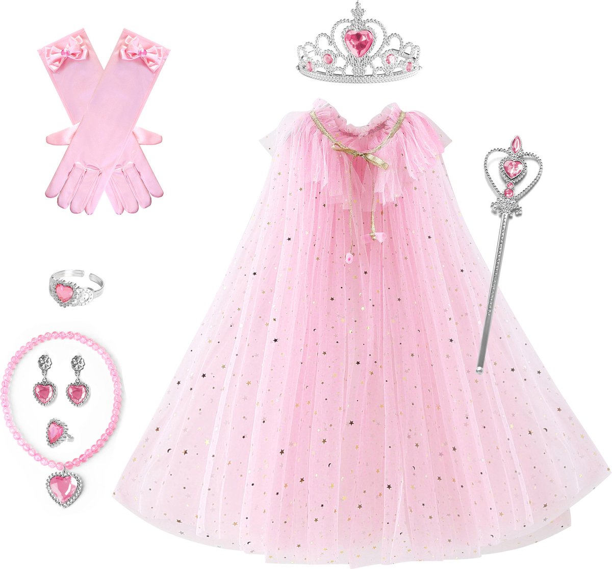 Joya Kids® Verkleedcape Accessoires Roze | Prinsessencape | Cape | Unicorn | Verkleedset | Carnvalskleding | Kroon, Staf, Handschoenen Sieradenset