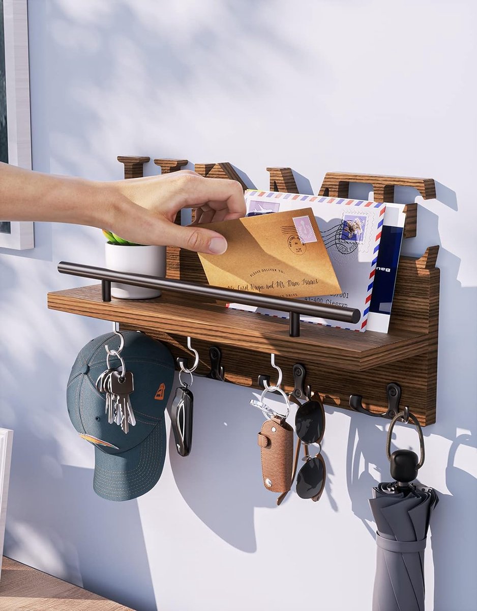 Porte-clé Et Courrier Mural En Bois – Organiseur Mural En Bois Et Porte-clés – Bois Rustique Avec Crochets En Laiton Antique, Décoratif