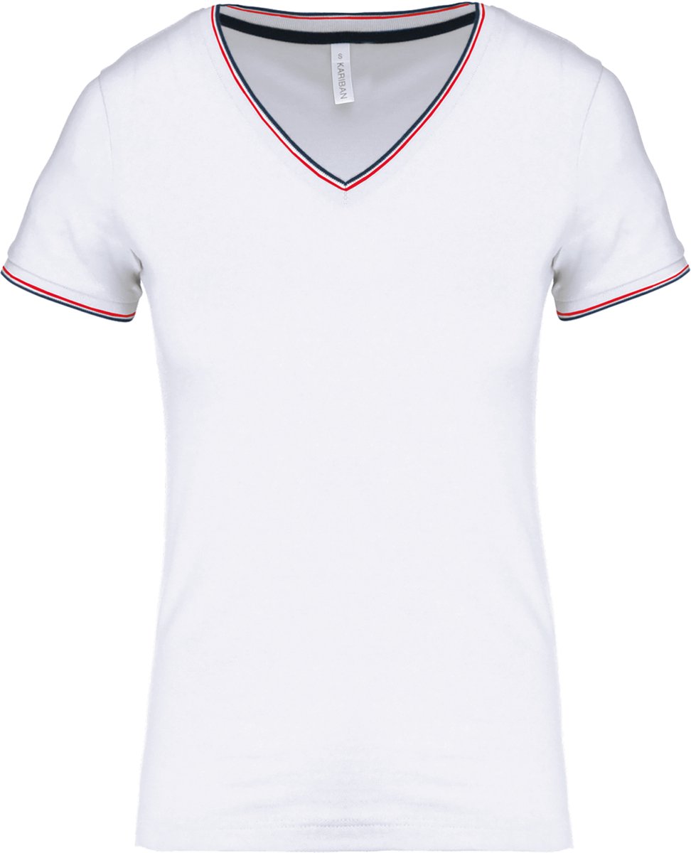 Kariban Dames-t-shirt piqué V-hals K394 - White / Navy / Red - M