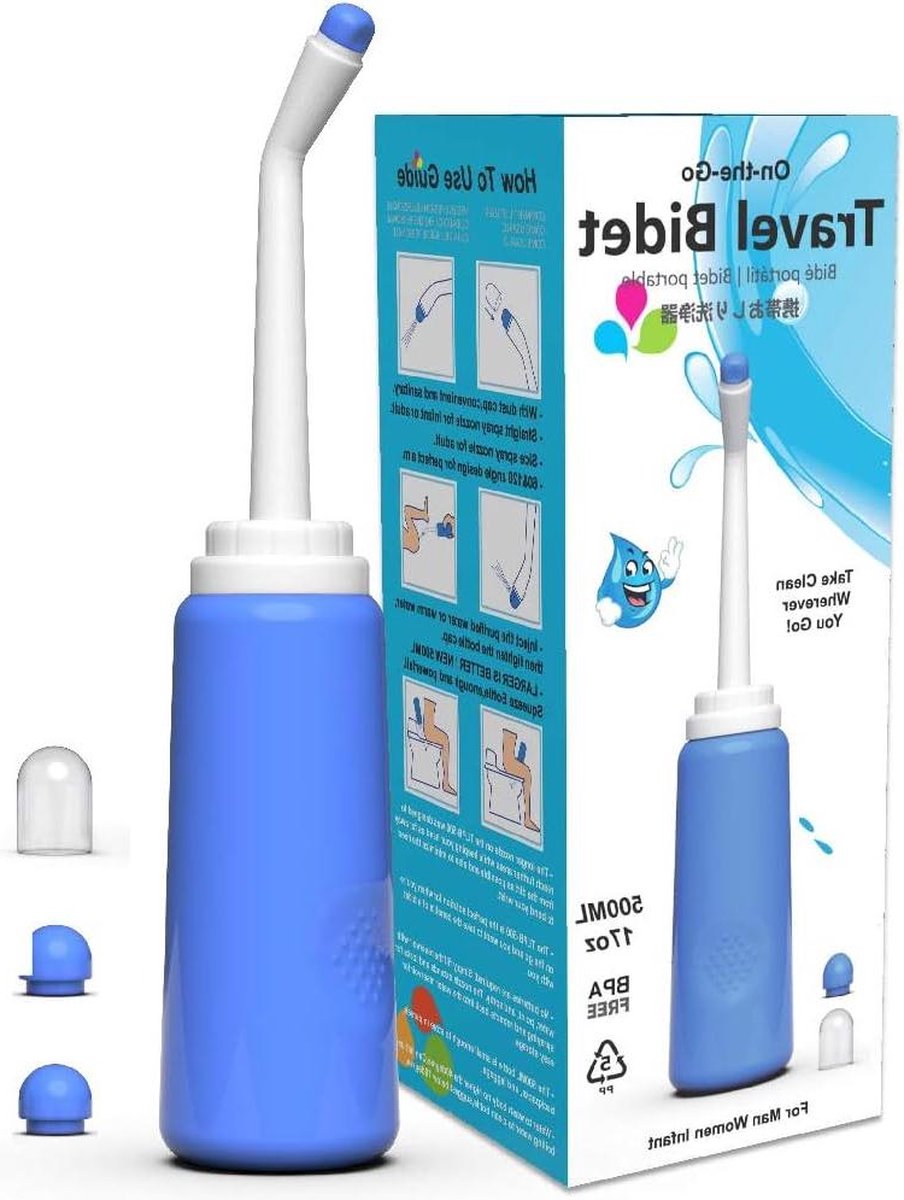 Draagbare Bidet Sproeier 500ml-17oz Vrouwen Peri Fles Postpartum Perineale Zorg Reizen Bidet Fles voor Baby met 2 Nozzles en Draagbare Tas - BPA Gratis Peri bottle