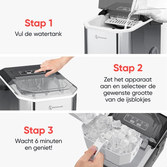 Kitchenwell IJsblokjesmachine - 1.3L - IJsblokjesmaker - IJsschep - 12kg/24 uur - Draagbaar - Zelfreinigingsfunctie - RVS van Kitchenwell — afbeelding 5