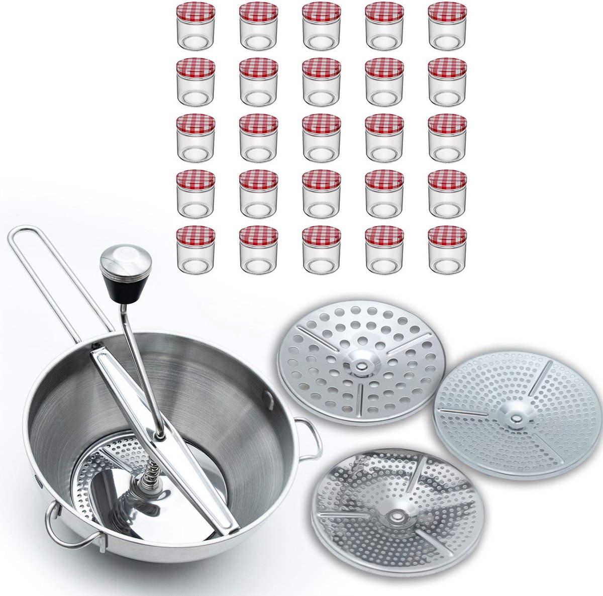 Intirilife inmaakset: 25 inmaakpotten met deksel 150ml & roestvrijstalen zeef met 3 zeefinzetstukken - Veelzijdig voor jam, kruiden, babyvoeding & meer