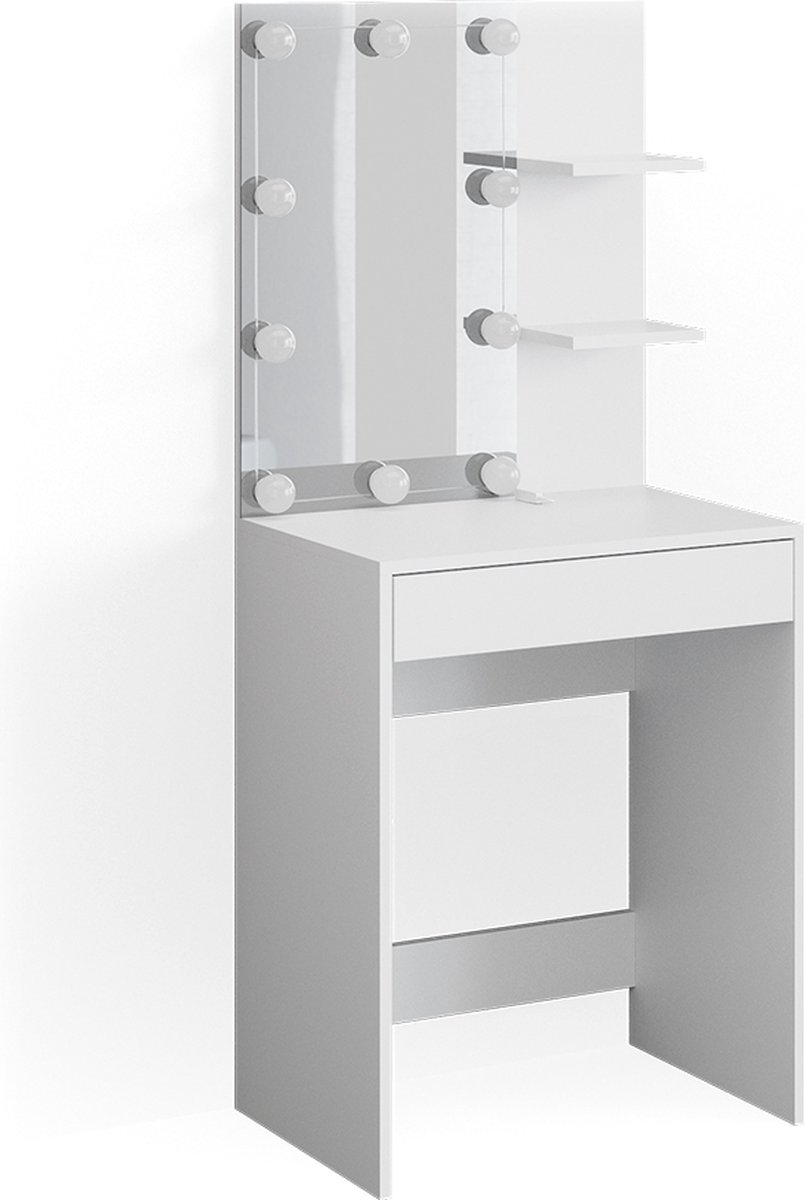 Vicco Kaptafel met licht Isabelle, Wit, 60 cm met spiegel en LED-lichtslinger