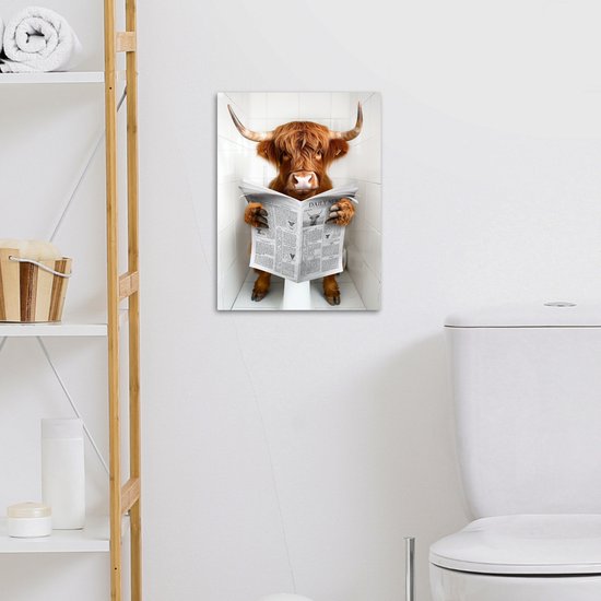 Peinture sur toile 30x40 cm - Décoration murale salle de bain Highlander écossais - Animal - Journal - Toilettes - Décoration murale murale WC - Accessoires décoratifs - Décoration murale Toilettes - Peintures sur toile
