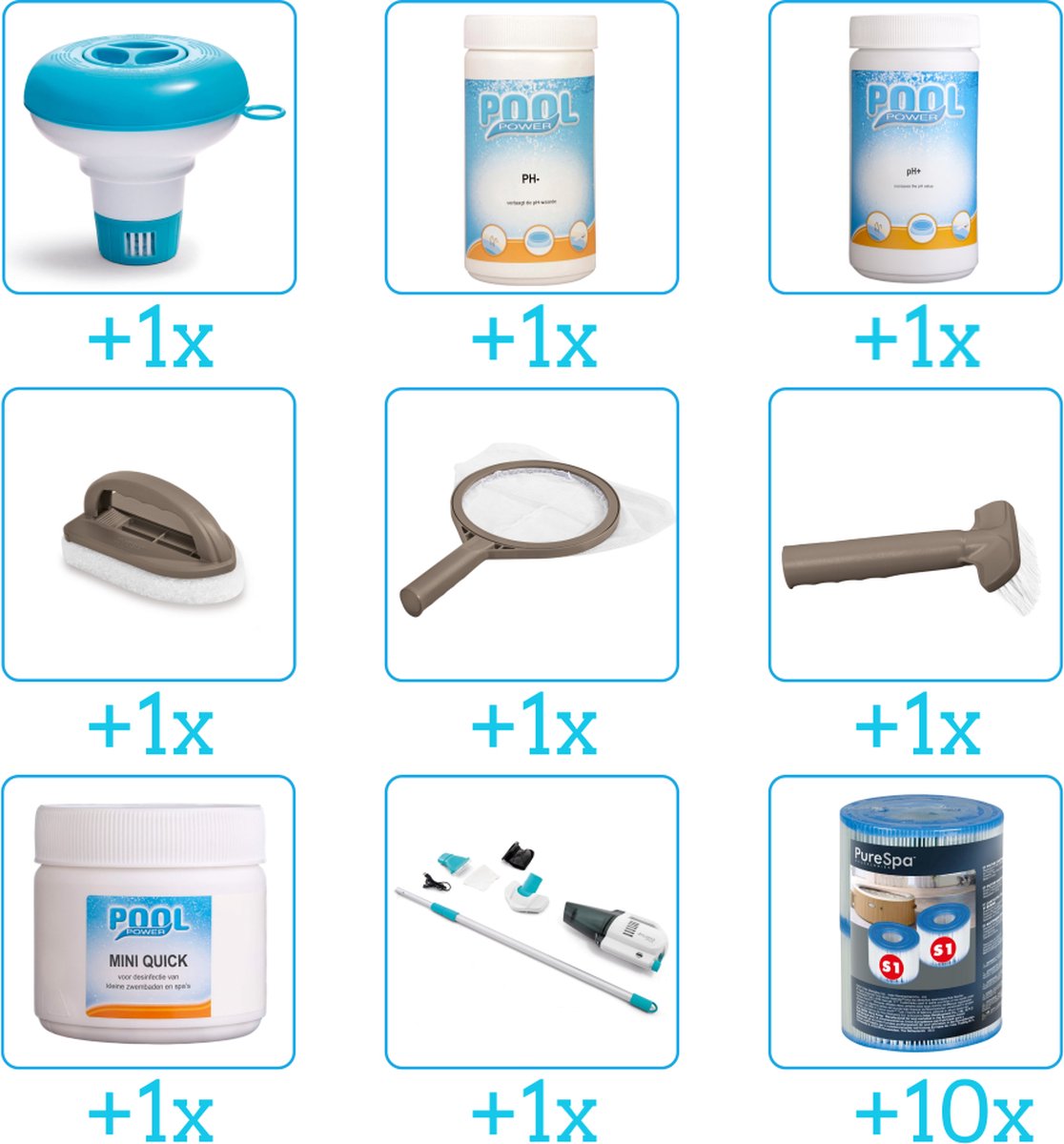 Pool Power Spa Onderhoudsset Compleet Onderhoudspakket bevat Chloor Scrubpad Schepnet Borstel Stofzuiger Filters Chloordrijver PH-min en PH-plus (9-delig)