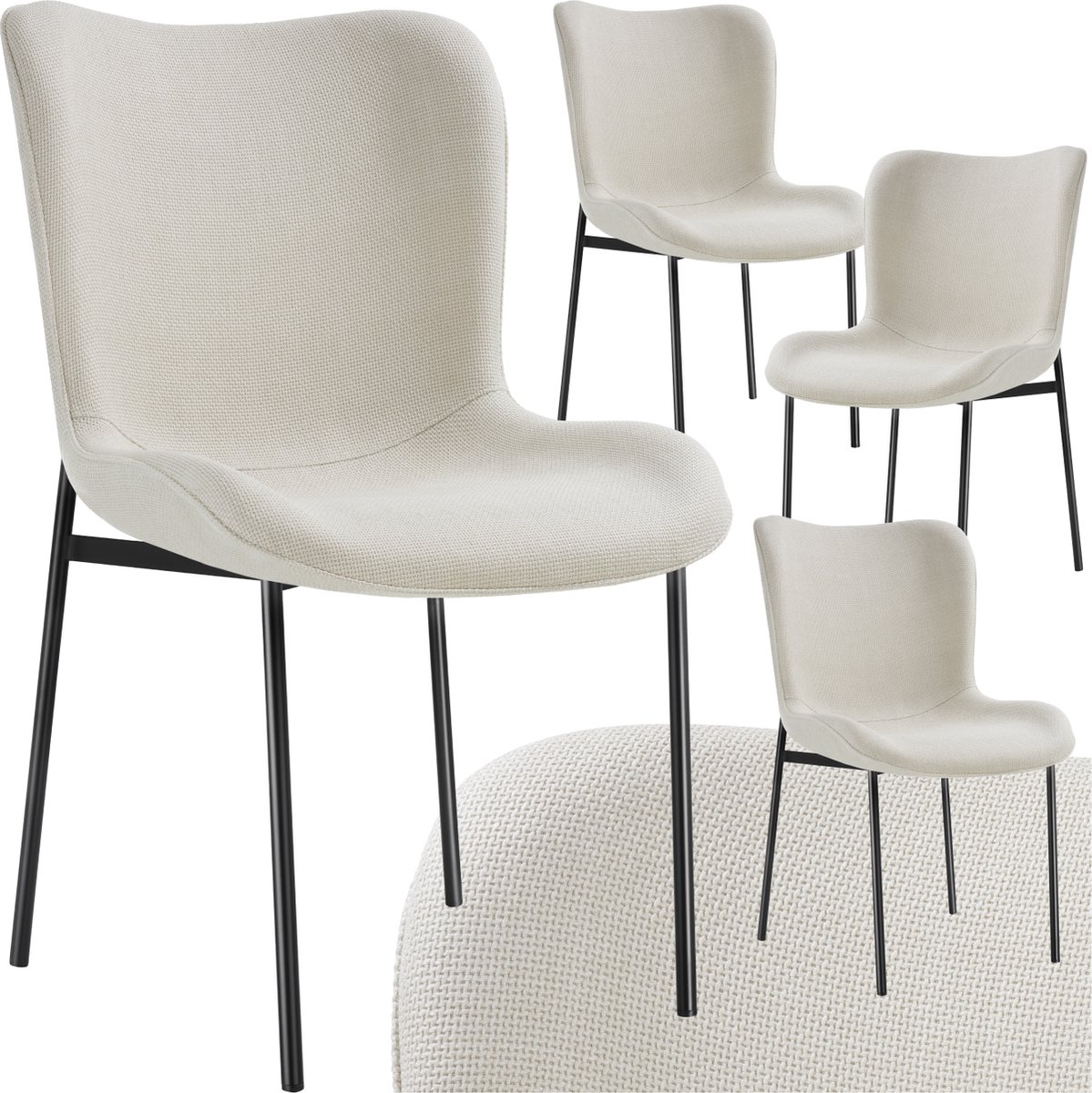 Tectake Gestoffeerde stoel - Eetkamerstoel - Geweven stof - Ergonomische vorm - Hoge rugleuning - Draagkracht 120 kg - Diverse kleuren - Set van 4 - Beige/zwart