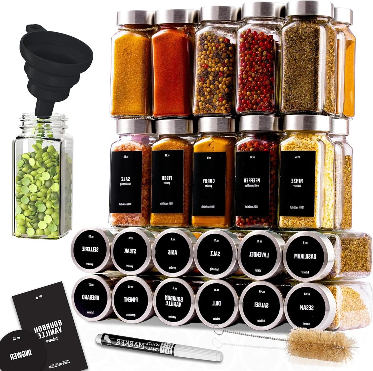 Set van 24 Kruidenpotjes Met Schroefdeksel en Labels Trechter en Schoonmaakborstel Stift Passen in Onze 4 Kruidenrekken Lege Helder Glas Opberger & Strooier 120ml 105x43cm Kruidenpotjes