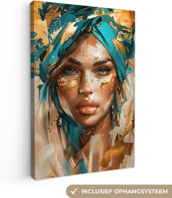 Canvas schilderij 80x120 cm - Wanddecoratie Vrouw - Portret - Goud - Luxe - Blauw - Muurdecoratie woonkamer - Slaapkamer decoratie - Kamer accessoires - Schilderijen op canvas
