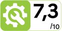 Groen logo met een tandwiel en moersleutel, naast de tekst 7,3/10.