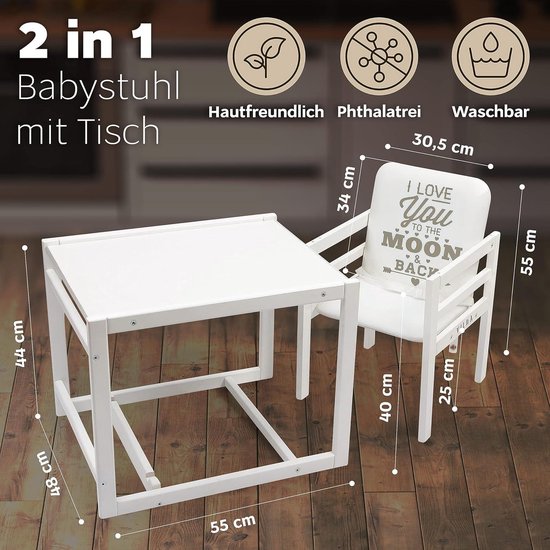 Kindercombi-kinderstoel 2-in-1 babystoel van hout - inklapbaar - stoel en tafel - vanaf 6 maanden tot 5 jaar - wit van Kinder — afbeelding 3