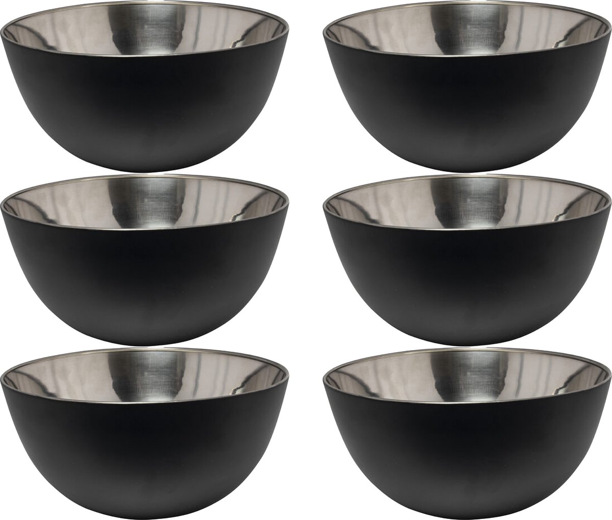 Svenska Living - 6x - Kommetjes/schaaltjes - mat zwart - RVS - D13 x 7 cm - serveerschalen