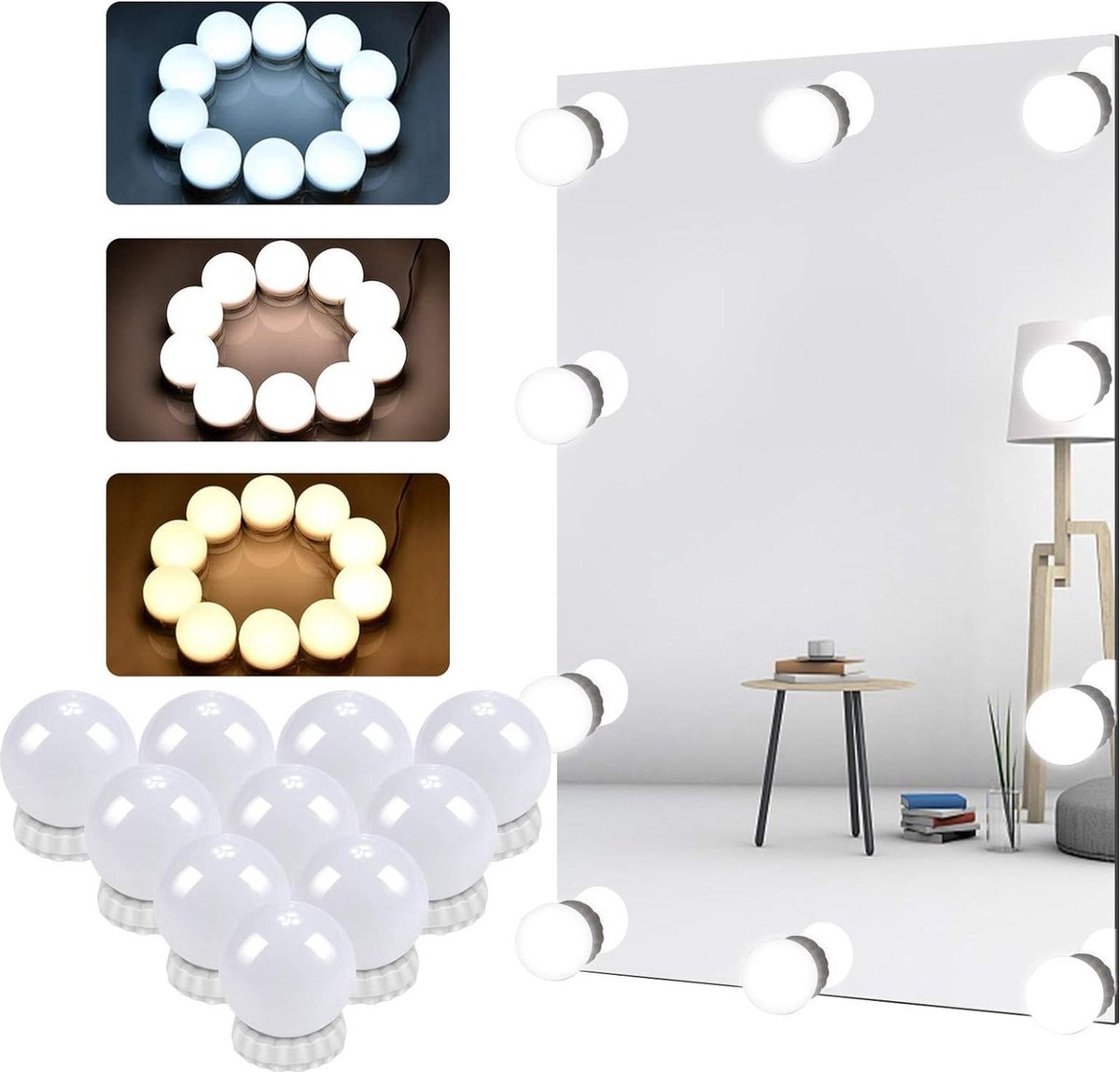 Vanity Mirror Lights Hollywood-stijl verlichtingskit USB-netsnoer Stick-on make-up spiegellicht 10 dimbare lampen kaptafel 3 kleuren 10 niveaus helderheid spiegel niet inbegrepen hollywood spiegel met verlichting