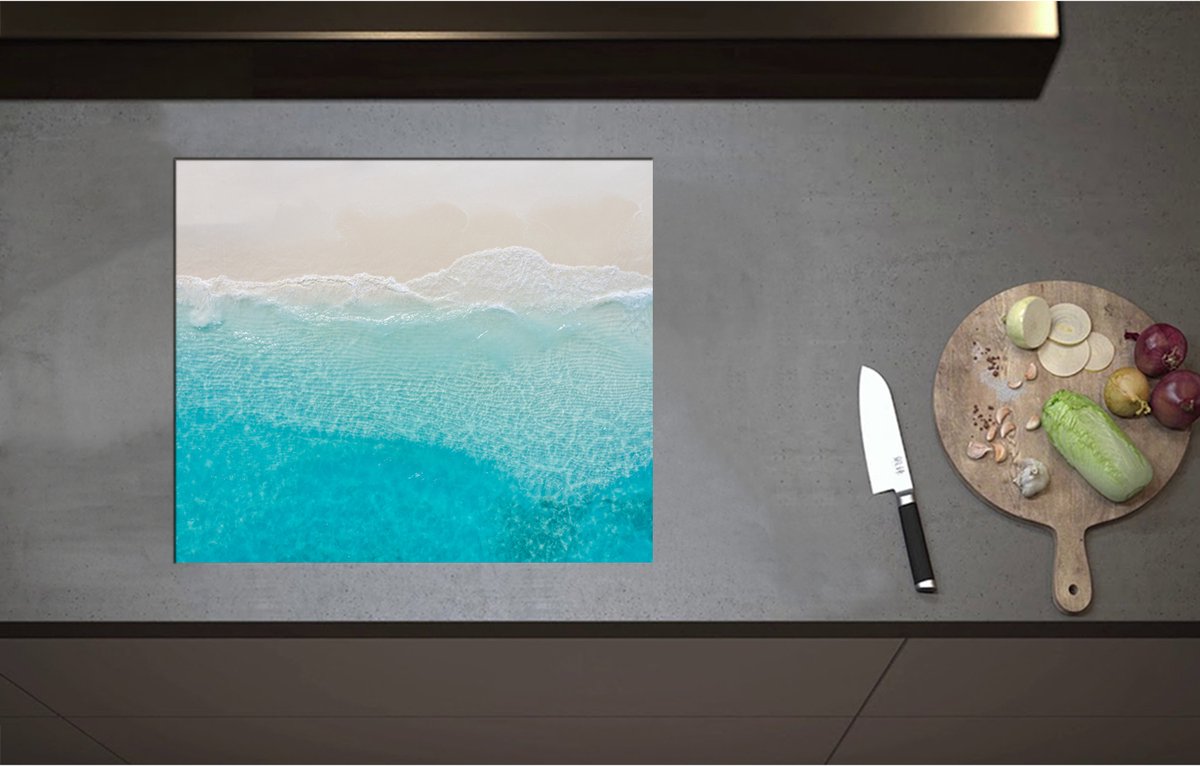Inductieplaat Beschermer - Bovenaanzicht van Helderblauwe Oceaan met Golven - 60x51 cm - 2 mm Dik - Inductie Beschermer - Bescherming Inductiekookplaat - Kookplaat Beschermer van Wit Vinyl