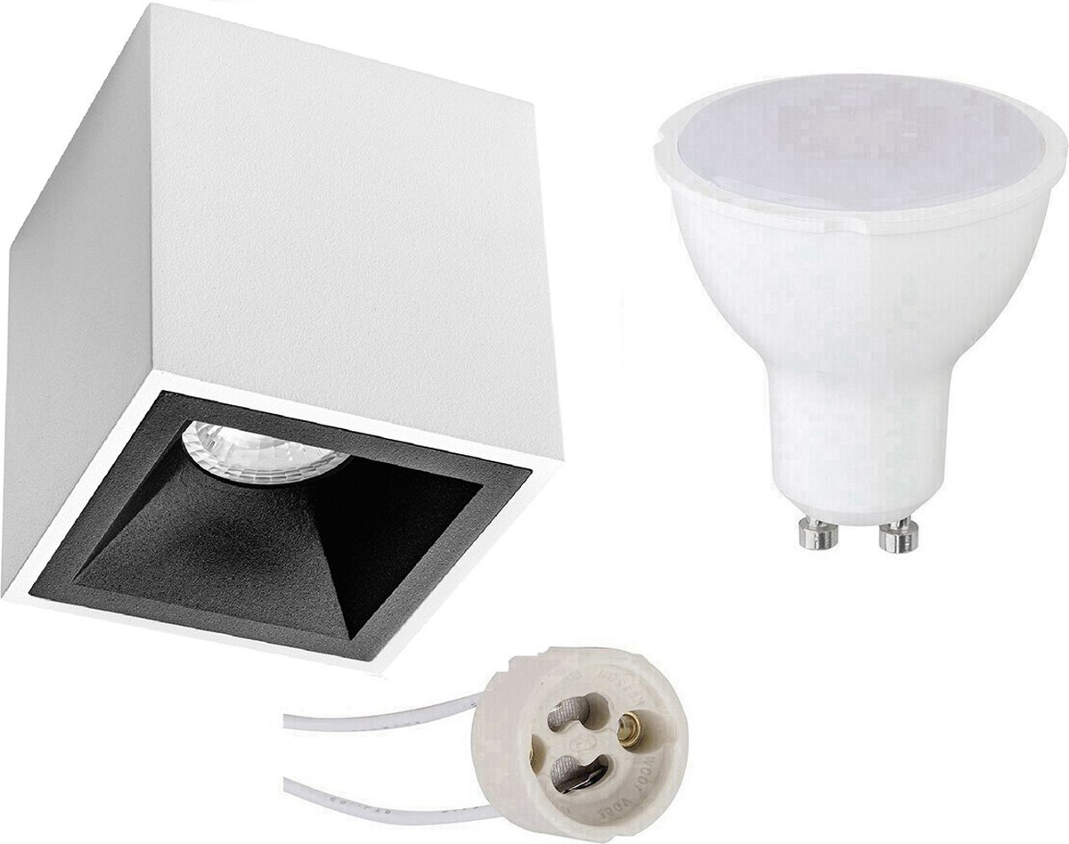 Opbouwspot Set - Pragmi Cliron Pro - GU10 Fitting - Opbouw Vierkant - Mat Wit/Zwart - 4W - Warm Wit 3000K - Verdiept - 90mm