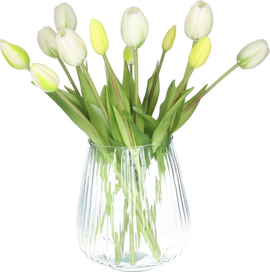 Bellatio Design Bouquet de tulipes artificielles Bella - 12x pièces - blanc - real touch - 40 cm