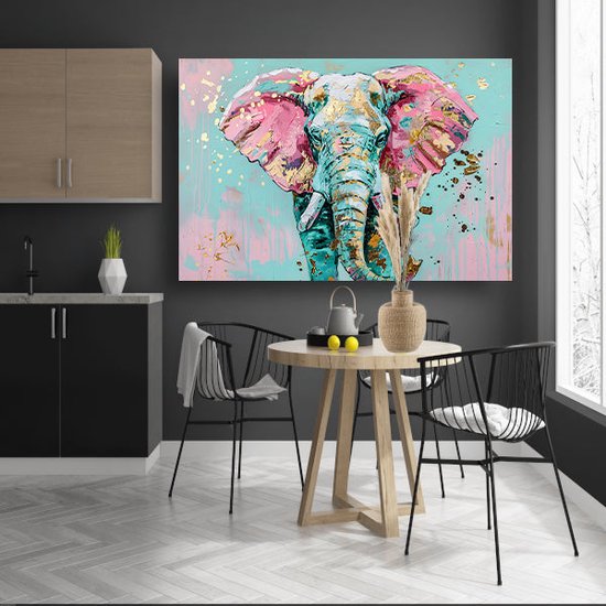 Olifant portret - Dieren schilderijen - Canvas schilderij Spetters - Wanddecoratie landelijk - Canvas keuken - Woonkamer accessoires canvas 70x50 cm