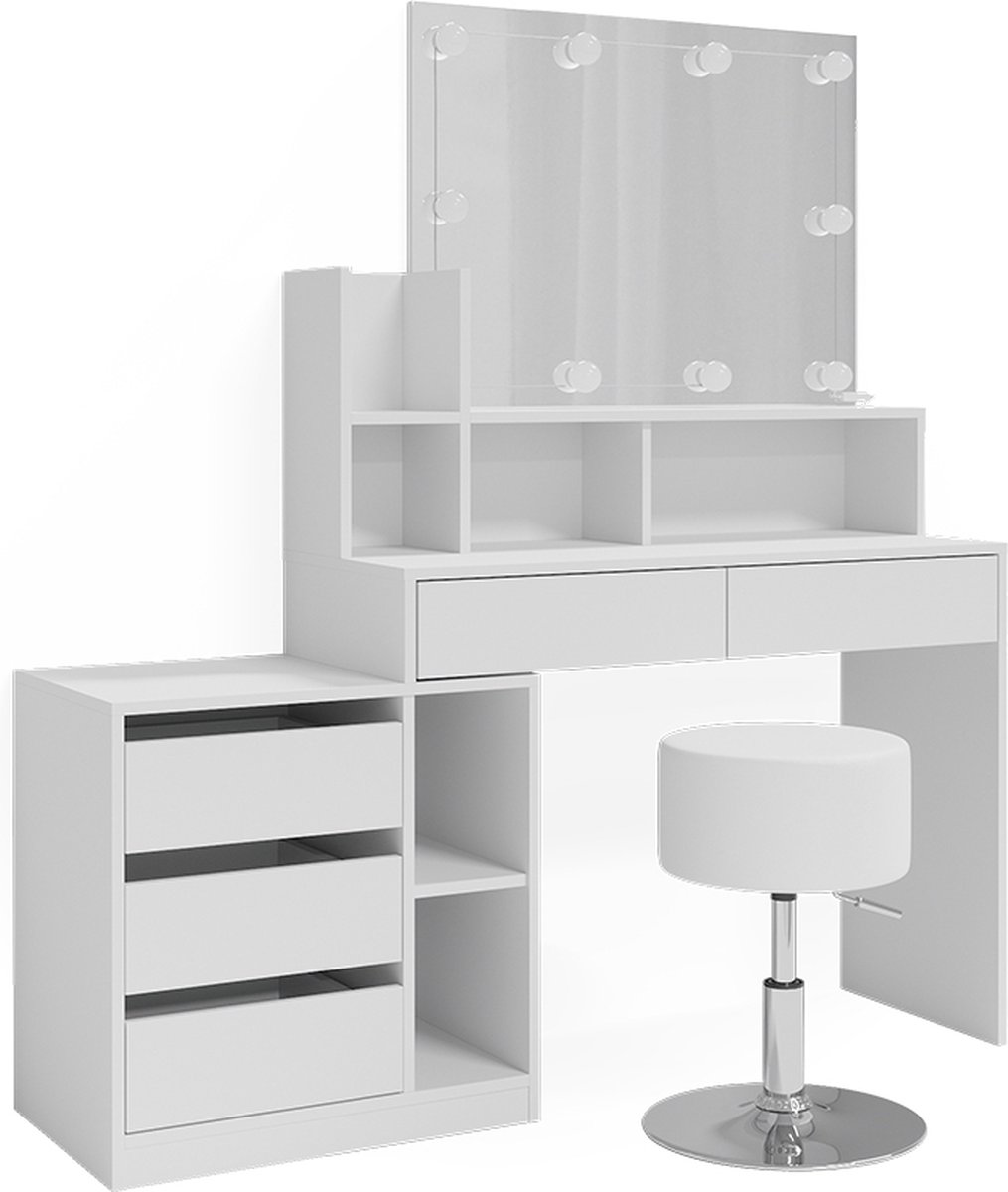 Vicco Kaptafel set met kruk Anja, Wit, 139.8 cm met spiegel, LED-lichtslinger en kruk