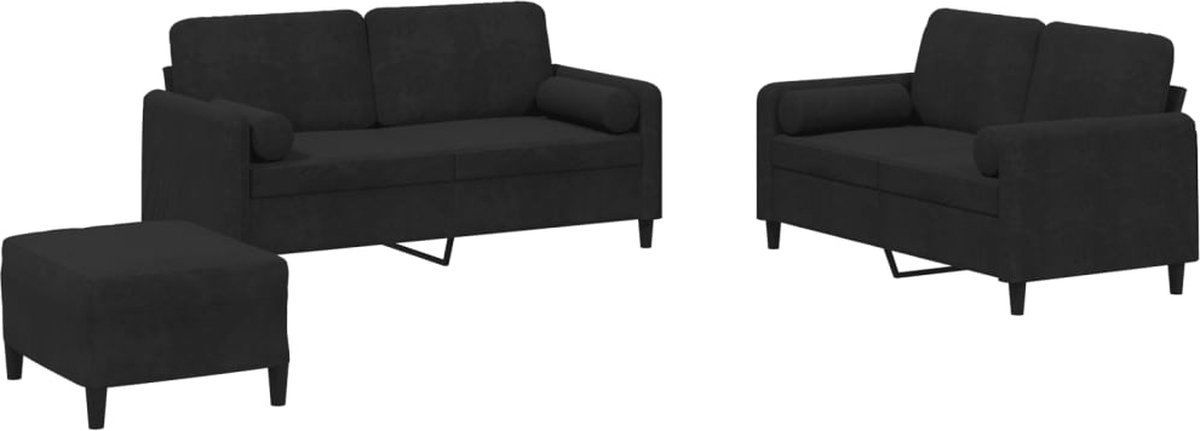vidaXL - 3-delige - Loungeset - met - kussens - fluweel - zwart
