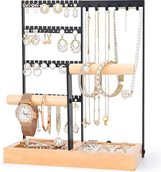 SONGMICS Sieradenstandaard Sieradenhouder Sieradenopslag Metalen frame 2 kleine oorbellenorganizer 4 hangende staven Kettingstandaard voor oorbellen Armbanden Ringen Wolk Wit JJS025W01