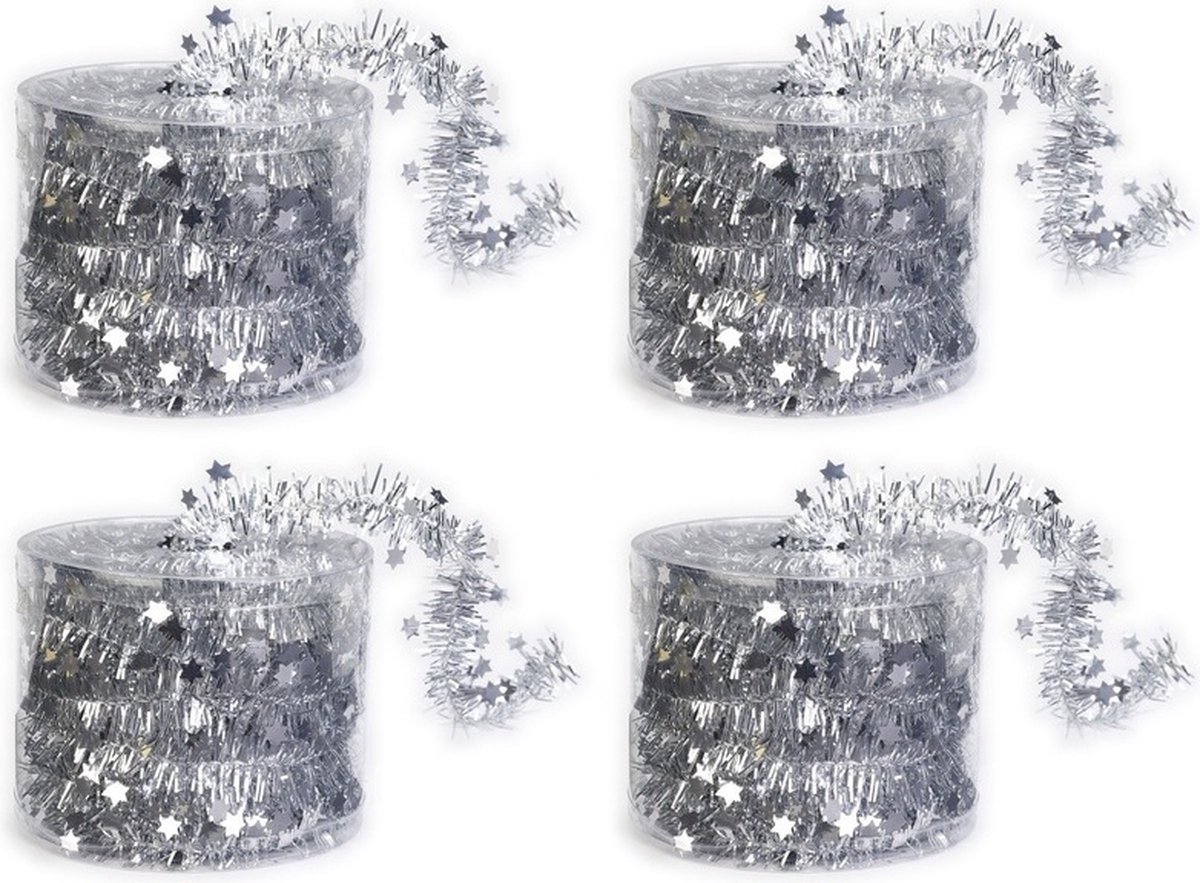 4x Dunne kerstslingers zilver 3,5 x 700 cm - Guirlandes folie lametta - Zilveren kerstboom versieringen Vier zilveren kerstslingers van folie lametta, 3,5 x 700 cm.