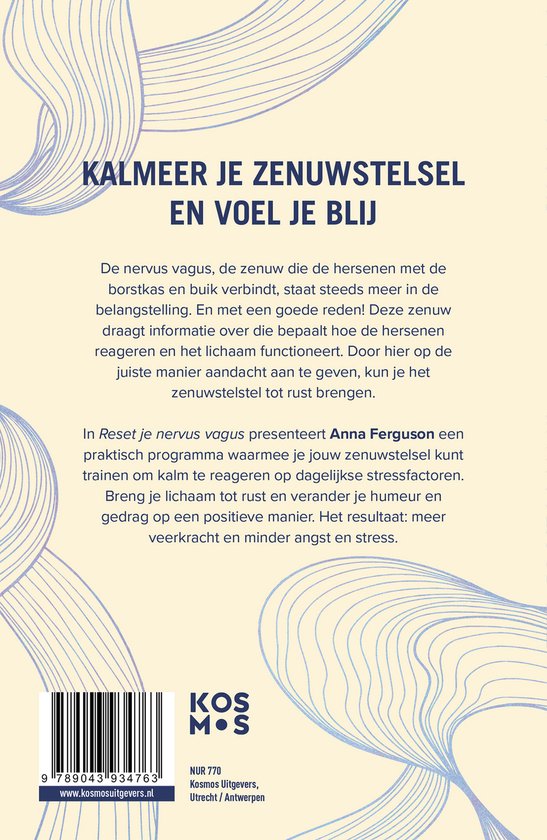 Boekomslag met titel 'Kalmeer je zenuwstelsel en voel je blij'. Achtergrond met golvende lijnen in paars en blauw.