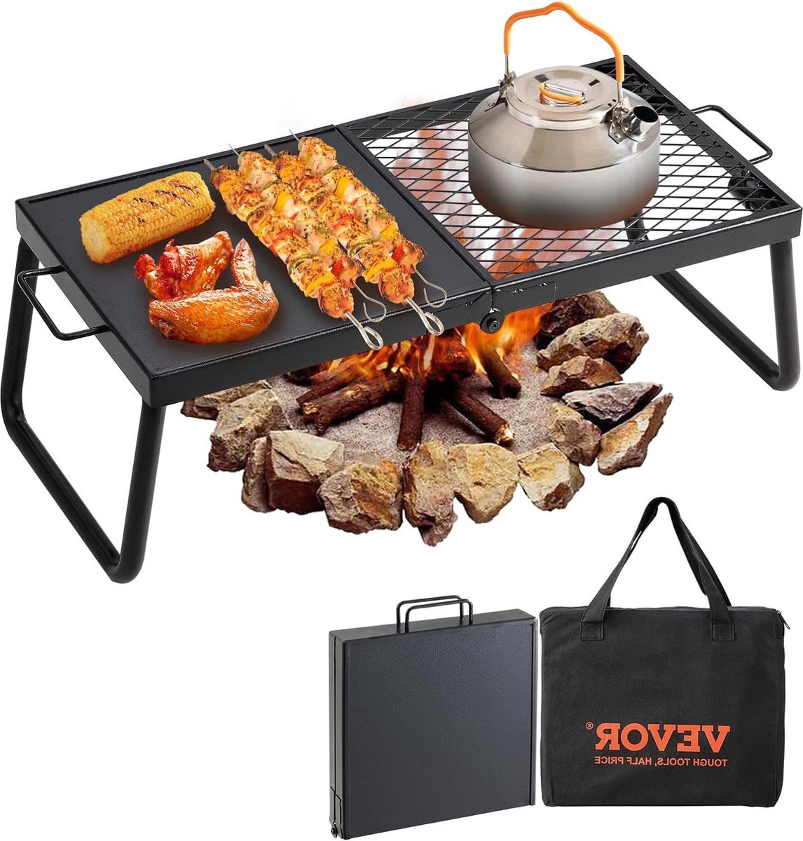 Houtskoolgrill klapgrill tafelgrill 570 x 285 x 230 mm 6 kg belastbaar - draagbare reisgrill voor outdoor campinggrill - 300 °C grillrooster + grillplaat - tuinfeesten picknick terras