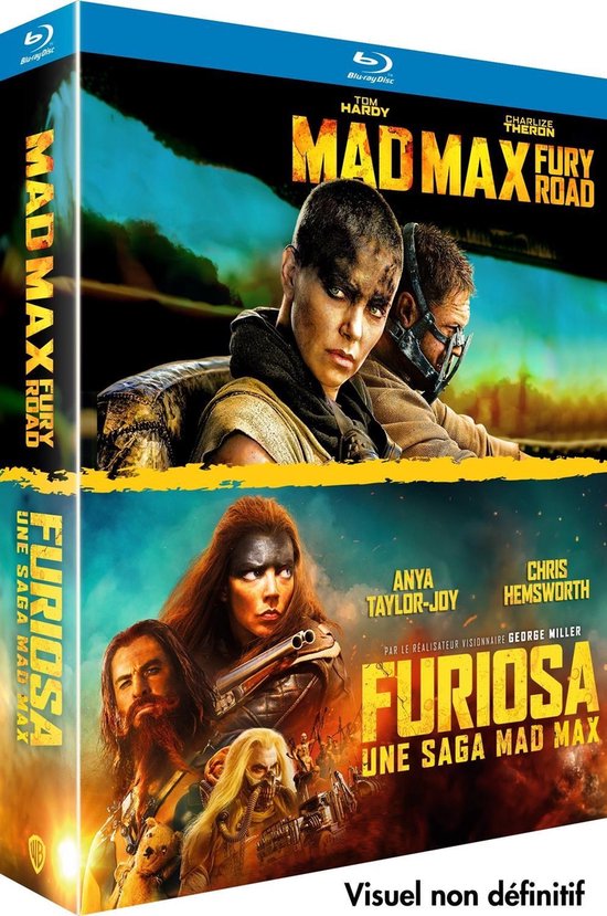 Blu-ray hoes met Mad Max: Fury Road en Furiosa: A Mad Max Saga. Duidelijk de hoofdpersonen zichtbaar.