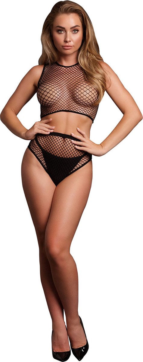 2 Pc Crop Top - Pantie and Fishnet Structure - OS - Black