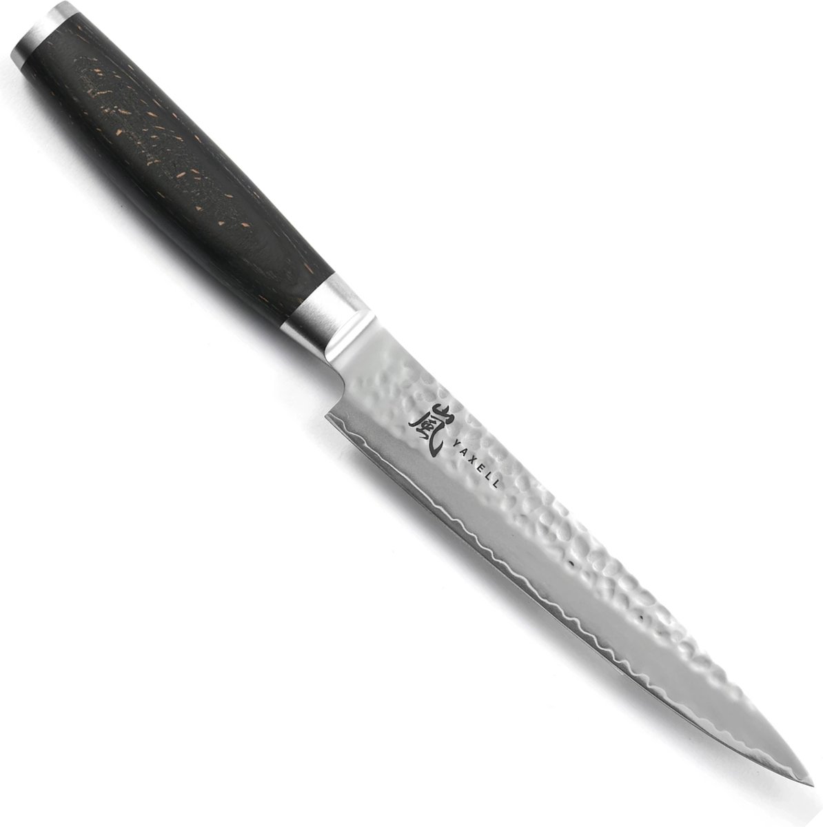 Yaxell Taishi Vleesmes 18 cm – VG-10 Staal – Hardheid 61 HRC – Tsuchime Afwerking – Gehamerd Lemmet – Zwart Pakka Beukenhout Handvat
