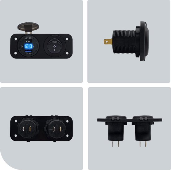 ProRide 12V USB Autolader Inbouw met Schakelaar/Voltmeter - 5V/2.4A - Tweevoudig inbouw paneel - Blauw