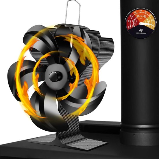 highsam Kachelventilator, 6 bladen Open Haard Ventilator met Thermometer, Stille Draaibare Houtkachel Ventilator Warmteaangedreven voor Pellet/Gas/Houtblokken/Log Brandende Fornuizen (1 stuks