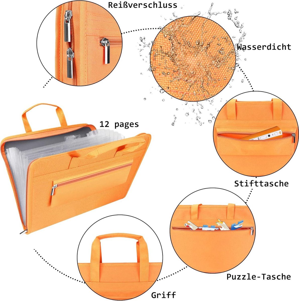 Sac De Rangement Tiptoi – 12 Pochettes A4 – Accordeon Fermeture éclair – Orange