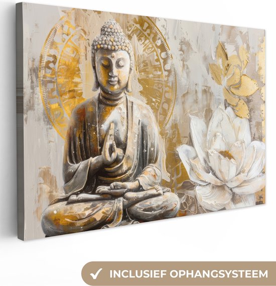 Peinture sur toile 60x40 cm - Décoration murale Bouddha - Bloem - Lotus - Wit - Or - Zen - Décoration murale murale salon - Décoration chambre - Accessoires de chambre - Peintures
