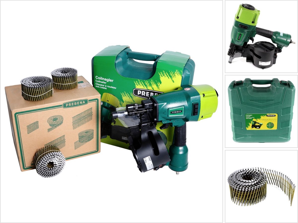 Prebena 8XR-CNW90 coilnagelmachine Persluchtnagelmachine in transportkoffer + Prebena CNW25 / 65BKRI coilnagels ringschacht 7200 stuks