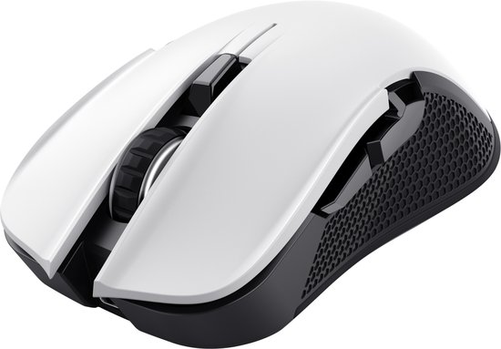 Witte gaming muis met zwarte accenten en scrollwiel.