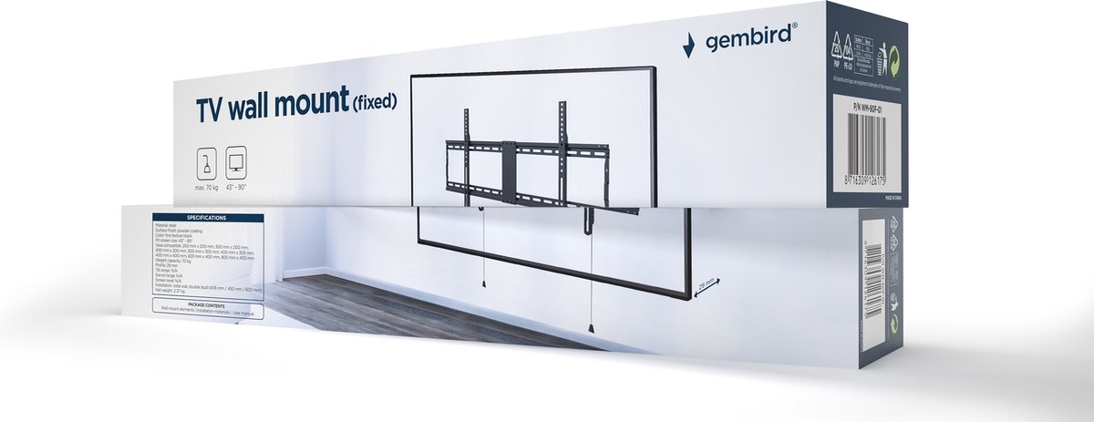 Gembird Vaste TV Wandbeugel – Voor 43–90 Inch Schermen, Ultra Slim, Heavy-Duty Staal, VESA Compatibel 200x200–800x400 mm, Muurbevestiging voor Grote TV, Zwart