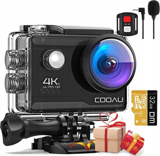 Foto: Action cam 4k 30fps 20mp wifi actiecamera met 32gb sd kaart 170 groothoek eis 40m onderwatercamera met 2x 1200mah batterijen en accessoireset