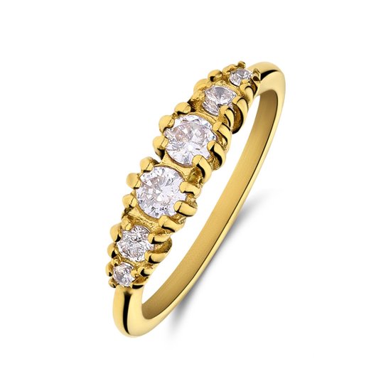 Lucardi Dames Stalen goldplated vintage ring met witte zirkonia - Ring - Staal - Goud