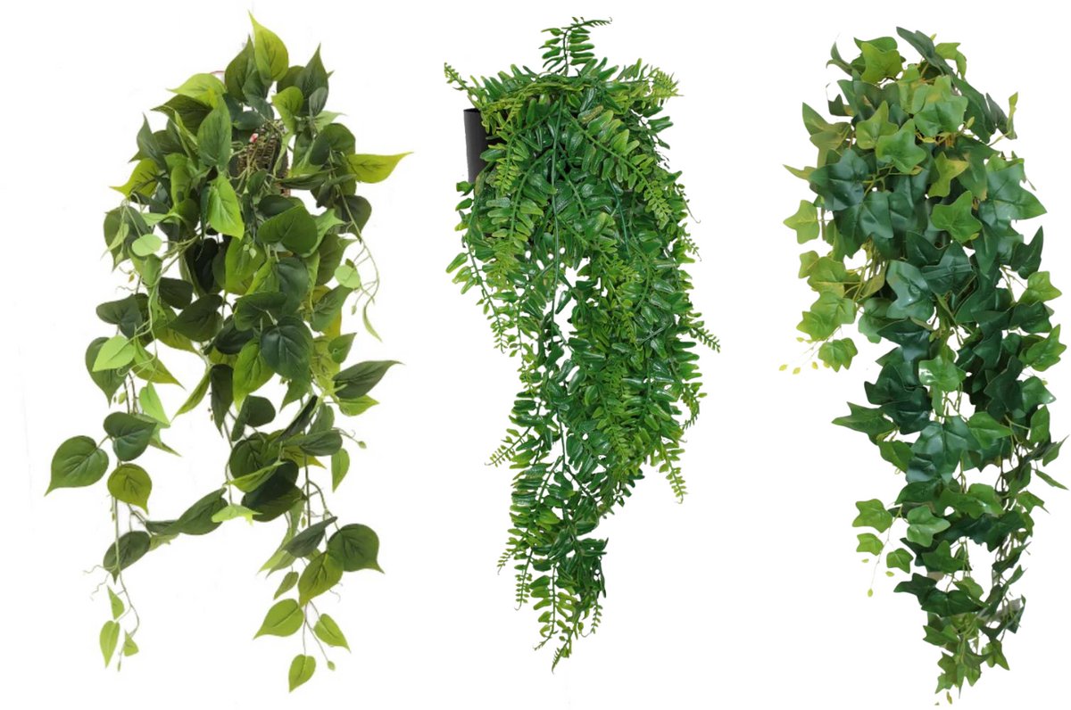 PrettyPlants Kunstplantenpakket Lekker Laten Hangen Large - Kunst hangplantenpakket | Kunstplanten voor Binnen | Varen kunst hangplant 65cm, Hedera kunst hangplant 110cm, Philodendron kunst hangplant 90cm Groen